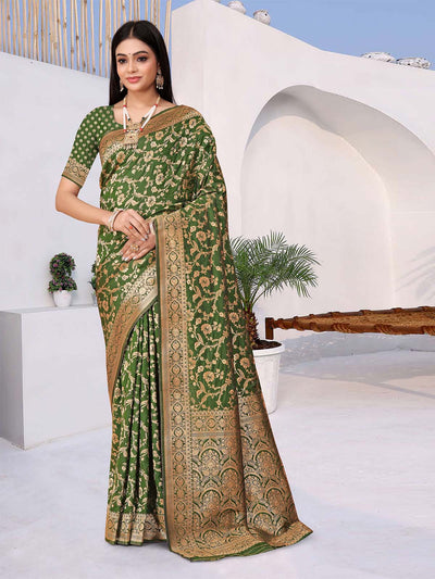 Odette Green Woven Banarasi Silk Saree With unstitched Blouse For Women