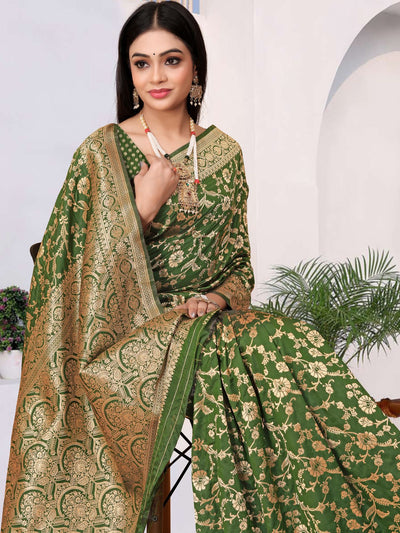 Odette Green Woven Banarasi Silk Saree With unstitched Blouse For Women