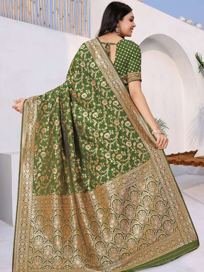 Odette Green Woven Banarasi Silk Saree With unstitched Blouse For Women