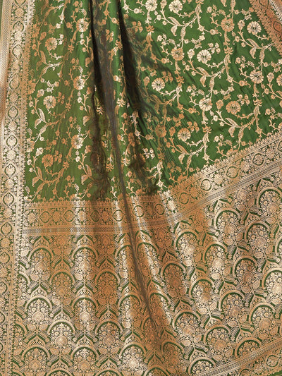 Odette Green Woven Banarasi Silk Saree With unstitched Blouse For Women