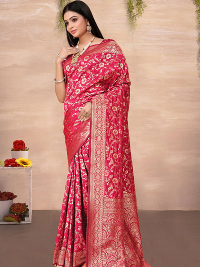 Odette Pink Woven Banarasi Silk Saree With unstitched Blouse For Women