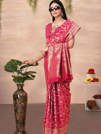 Odette Pink Woven Banarasi Silk Saree With unstitched Blouse For Women