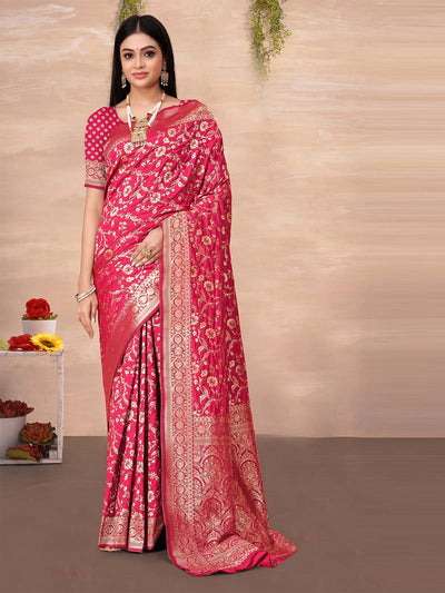 Odette Pink Woven Banarasi Silk Saree With unstitched Blouse For Women