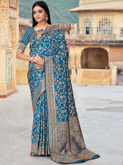 Odette Teal Woven Banarasi Silk Saree With unstitched Blouse For Women