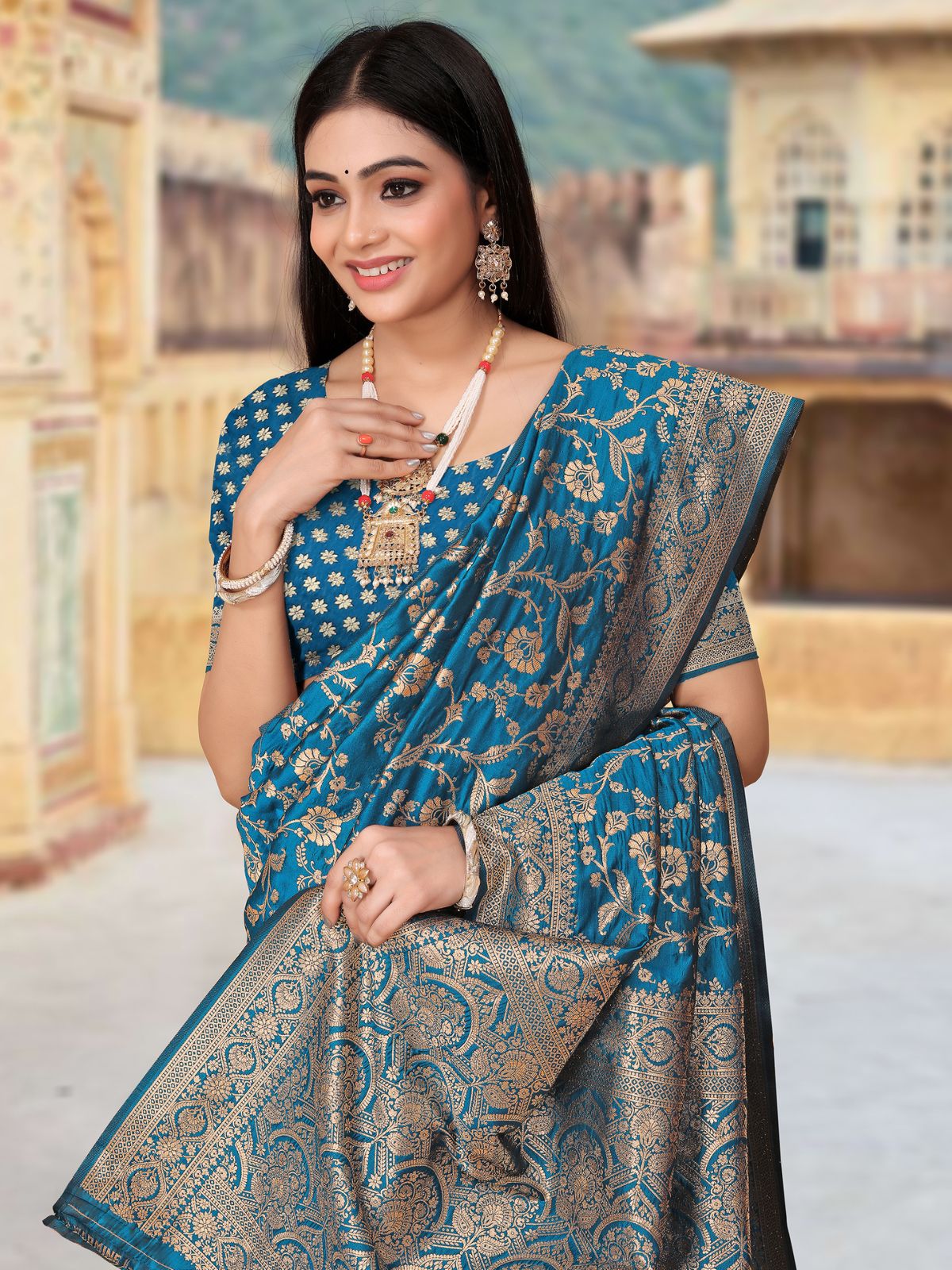 Odette Teal Woven Banarasi Silk Saree With unstitched Blouse For Women