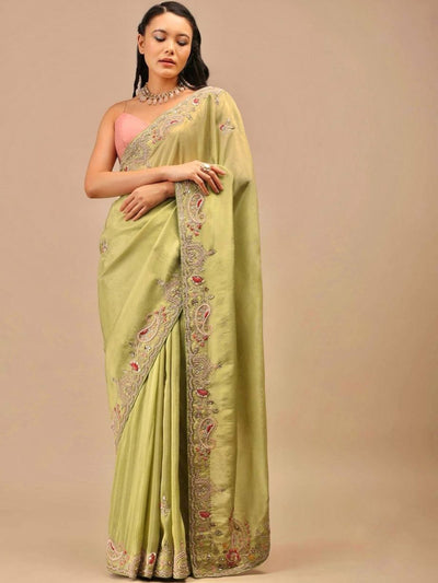 Odette Light Green Embroidered Chinnon Silk Saree With unstitched Blouse For Women