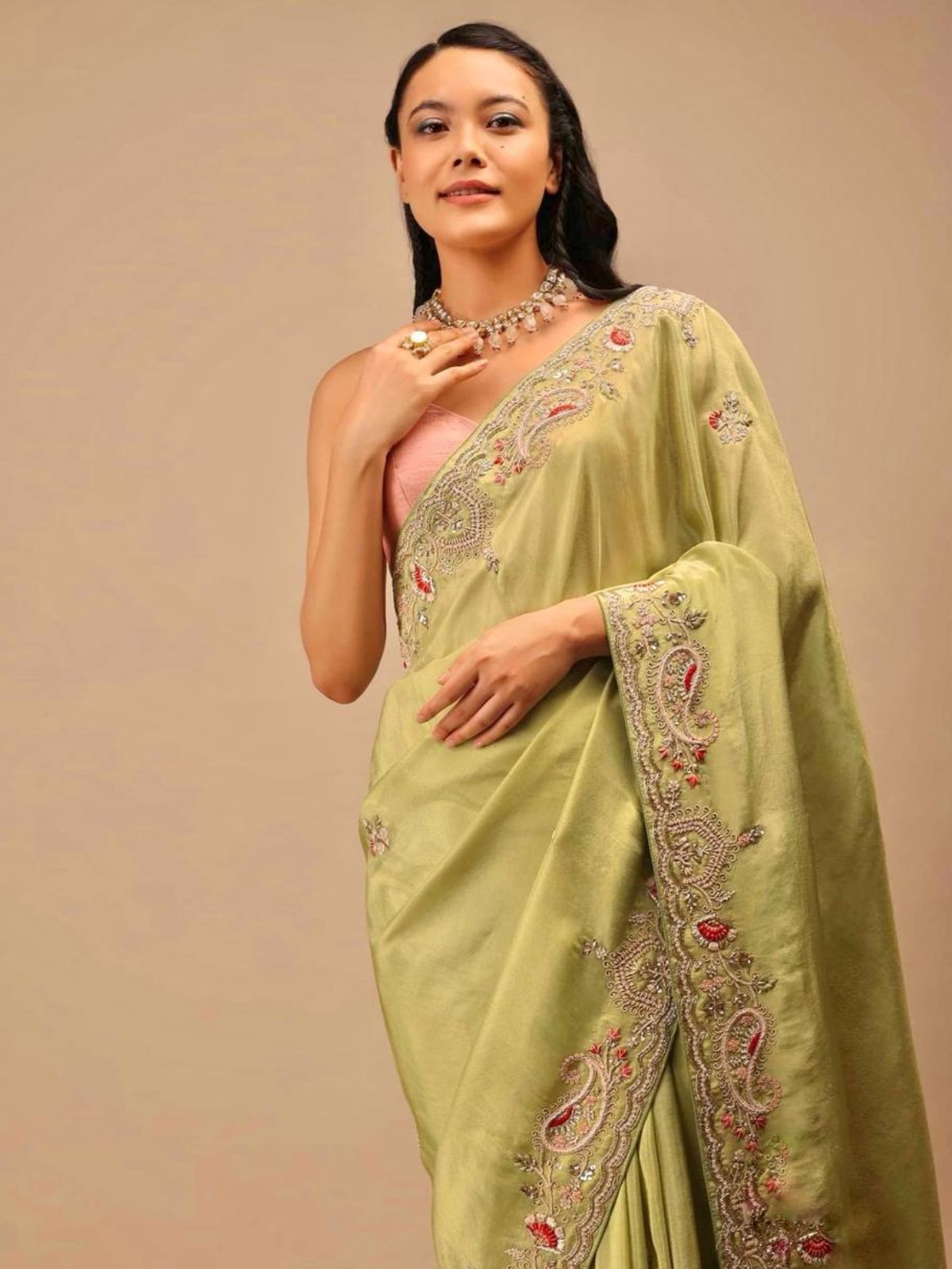 Odette Light Green Embroidered Chinnon Silk Saree With unstitched Blouse For Women