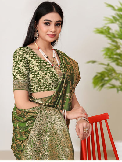 Odette Green Woven Banarasi Silk Saree With Unstitched Blouse For Women