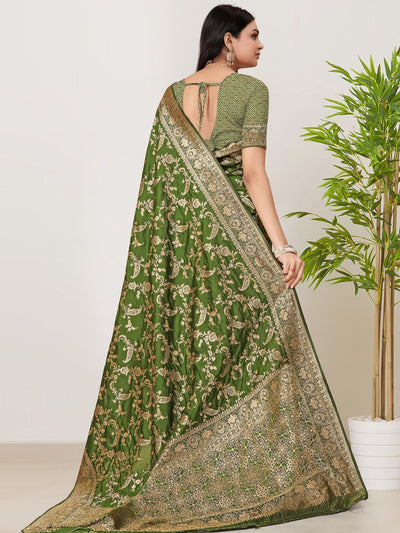 Odette Green Woven Banarasi Silk Saree With Unstitched Blouse For Women