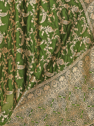 Odette Green Woven Banarasi Silk Saree With Unstitched Blouse For Women