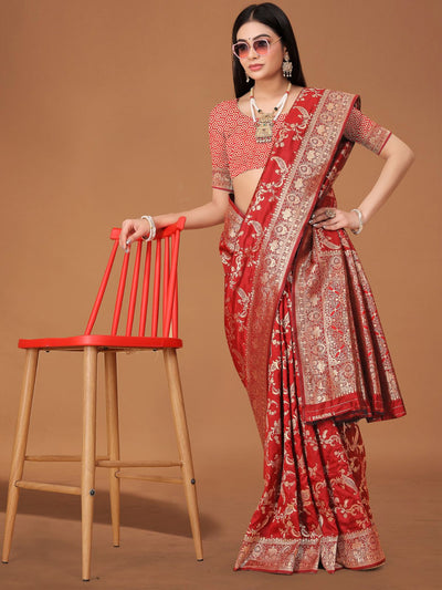 Odette Red Woven Banarasi Silk Saree With Unstitched Blouse For Women