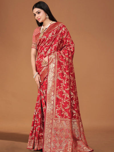 Odette Red Woven Banarasi Silk Saree With Unstitched Blouse For Women