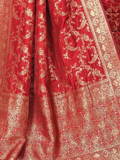 Odette Red Woven Banarasi Silk Saree With Unstitched Blouse For Women