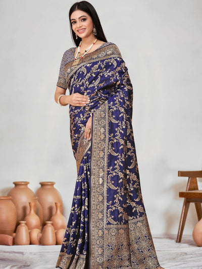 Odette Blue Woven Banarasi Silk Saree With Unstitched Blouse For Women