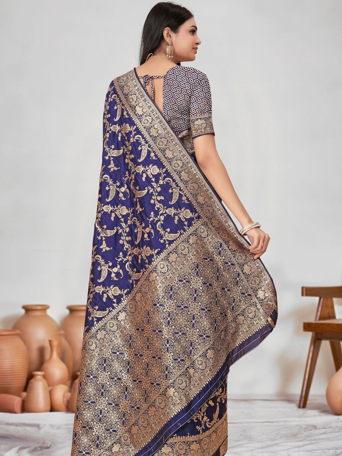 Odette Blue Woven Banarasi Silk Saree With Unstitched Blouse For Women