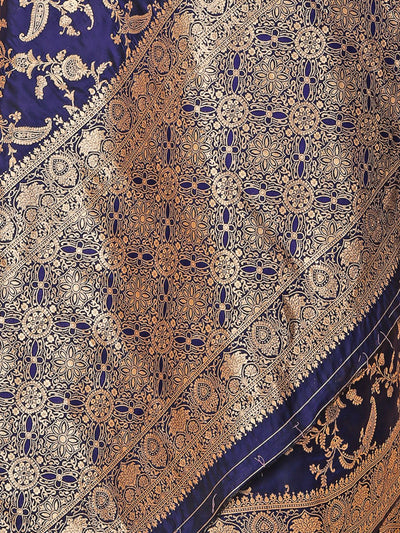 Odette Blue Woven Banarasi Silk Saree With Unstitched Blouse For Women