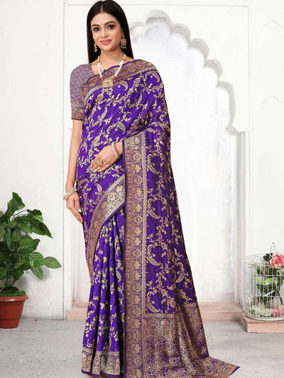 Odette Purple Woven Banarasi Silk Saree With Unstitched Blouse For Women