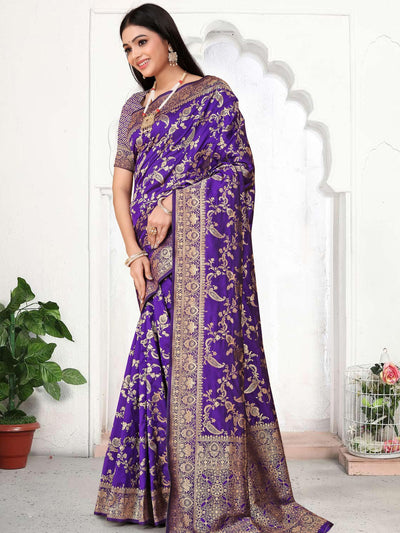 Odette Purple Woven Banarasi Silk Saree With Unstitched Blouse For Women