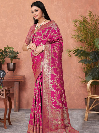 Odette Pink Woven Banarasi Silk Saree With Unstitched Blouse For Women