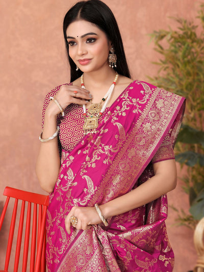 Odette Pink Woven Banarasi Silk Saree With Unstitched Blouse For Women