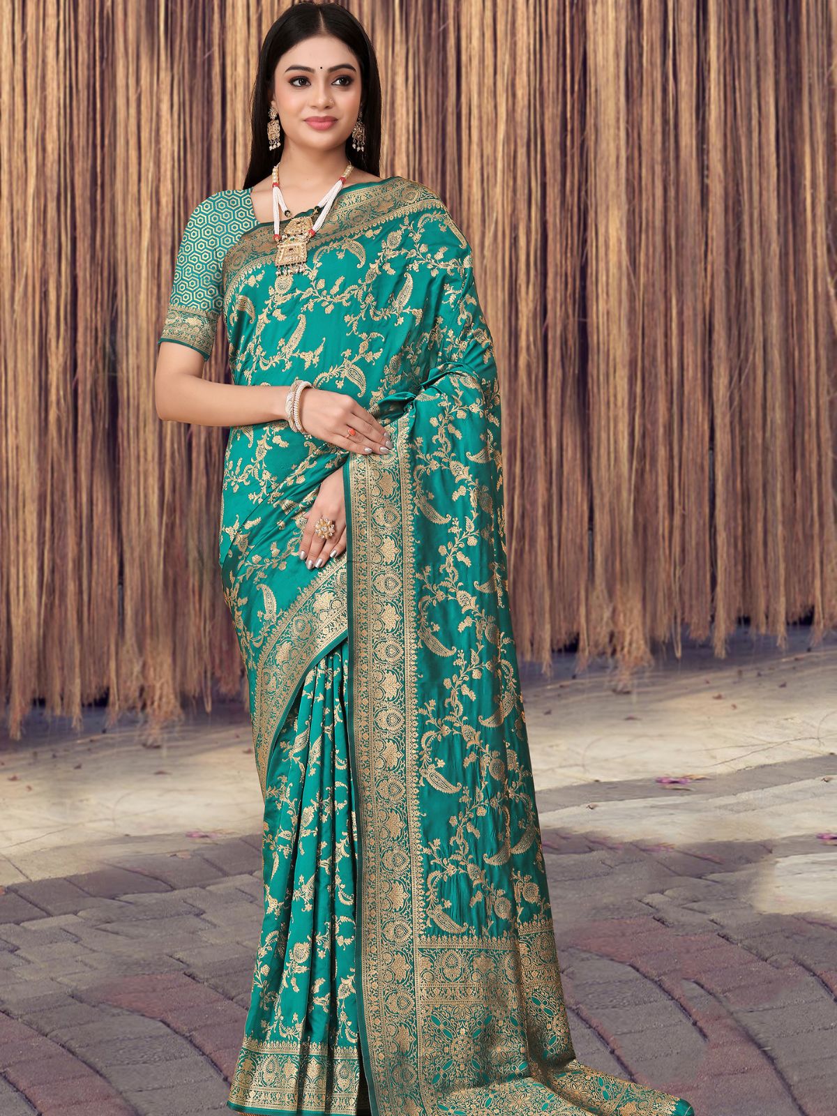 Odette Teal Woven Banarasi Silk Saree With unstitched Blouse For Women