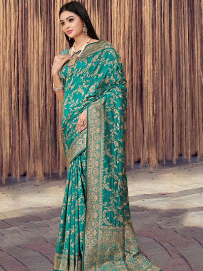 Odette Teal Woven Banarasi Silk Saree With unstitched Blouse For Women