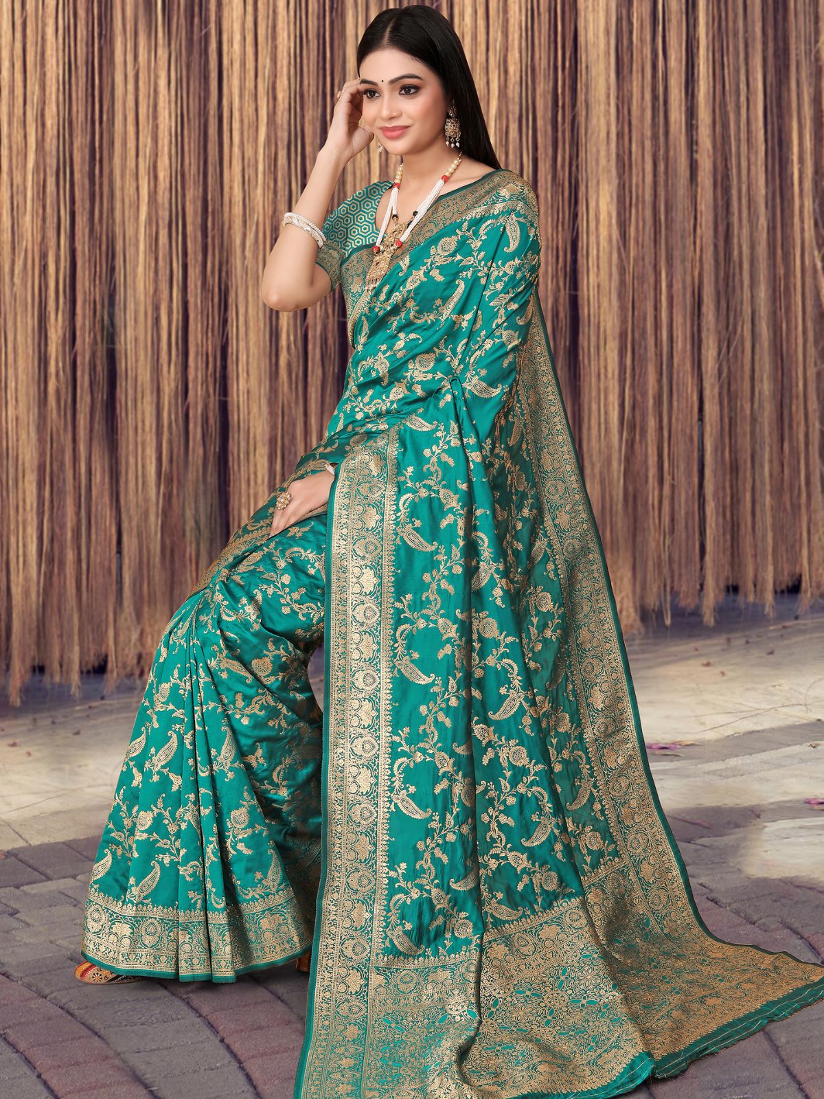 Odette Teal Woven Banarasi Silk Saree With unstitched Blouse For Women