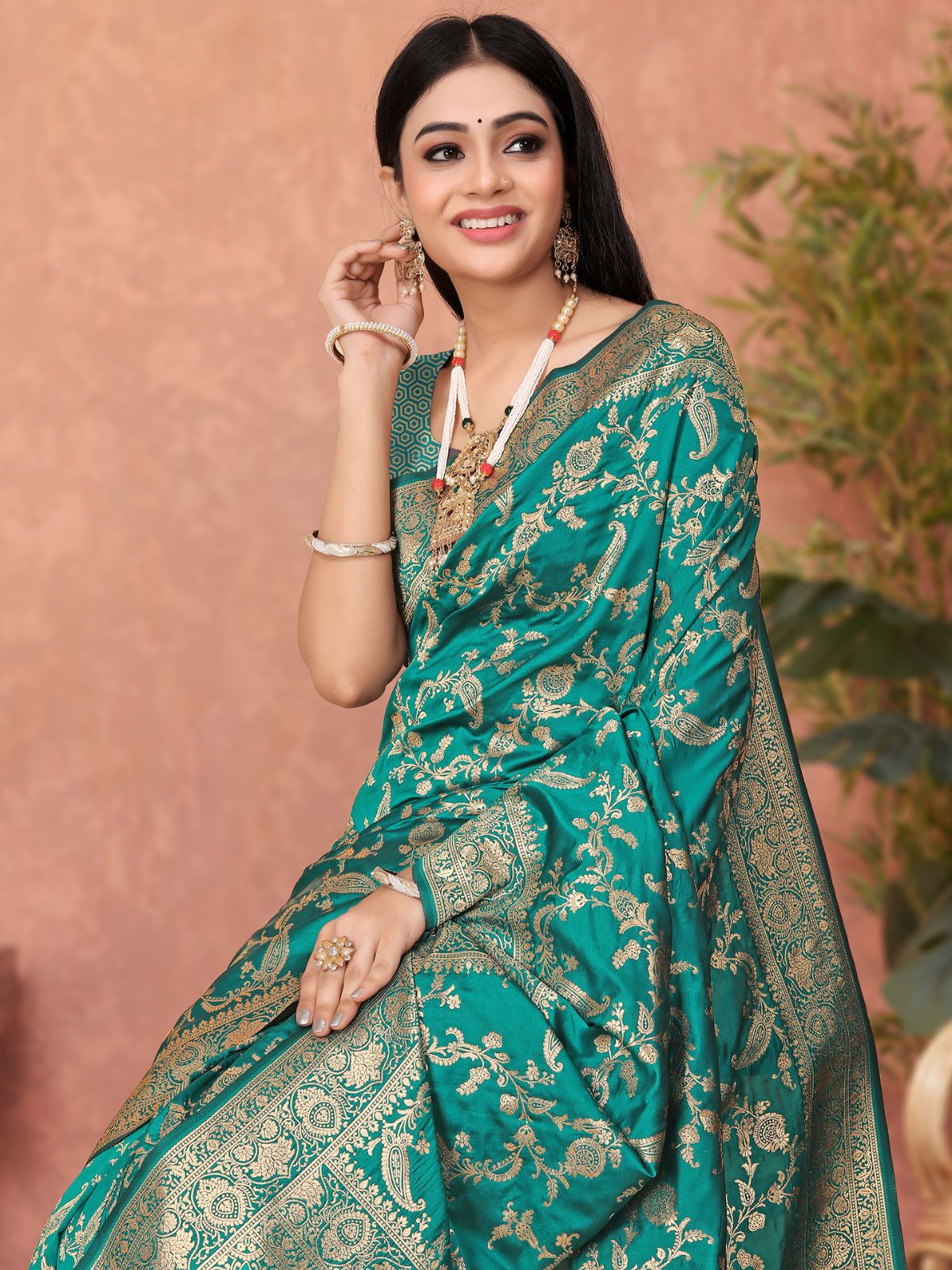 Odette Teal Woven Banarasi Silk Saree With unstitched Blouse For Women