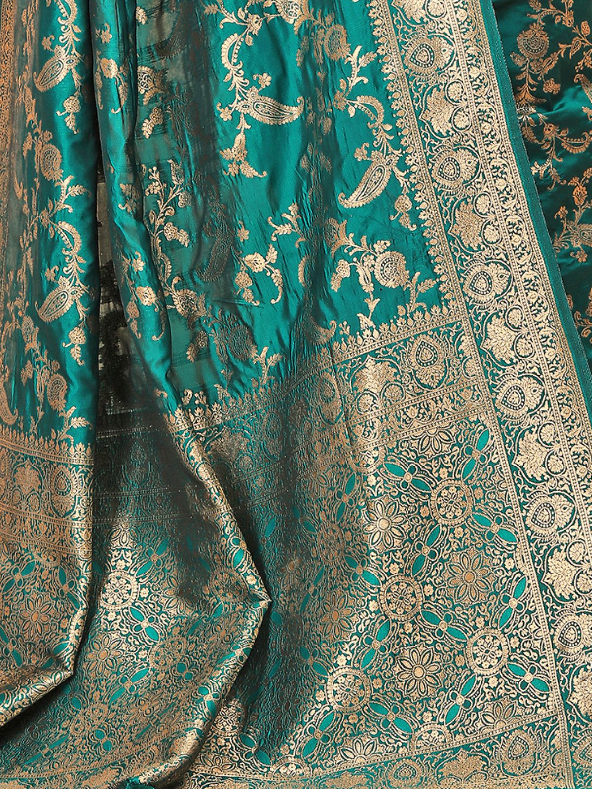 Odette Teal Woven Banarasi Silk Saree With unstitched Blouse For Women