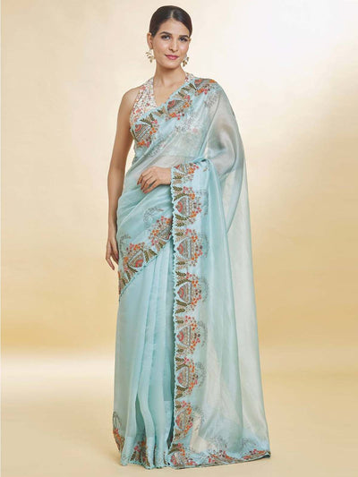 Odette Sky Blue Embroidered Organza Saree With Unstitched Blouse For Women