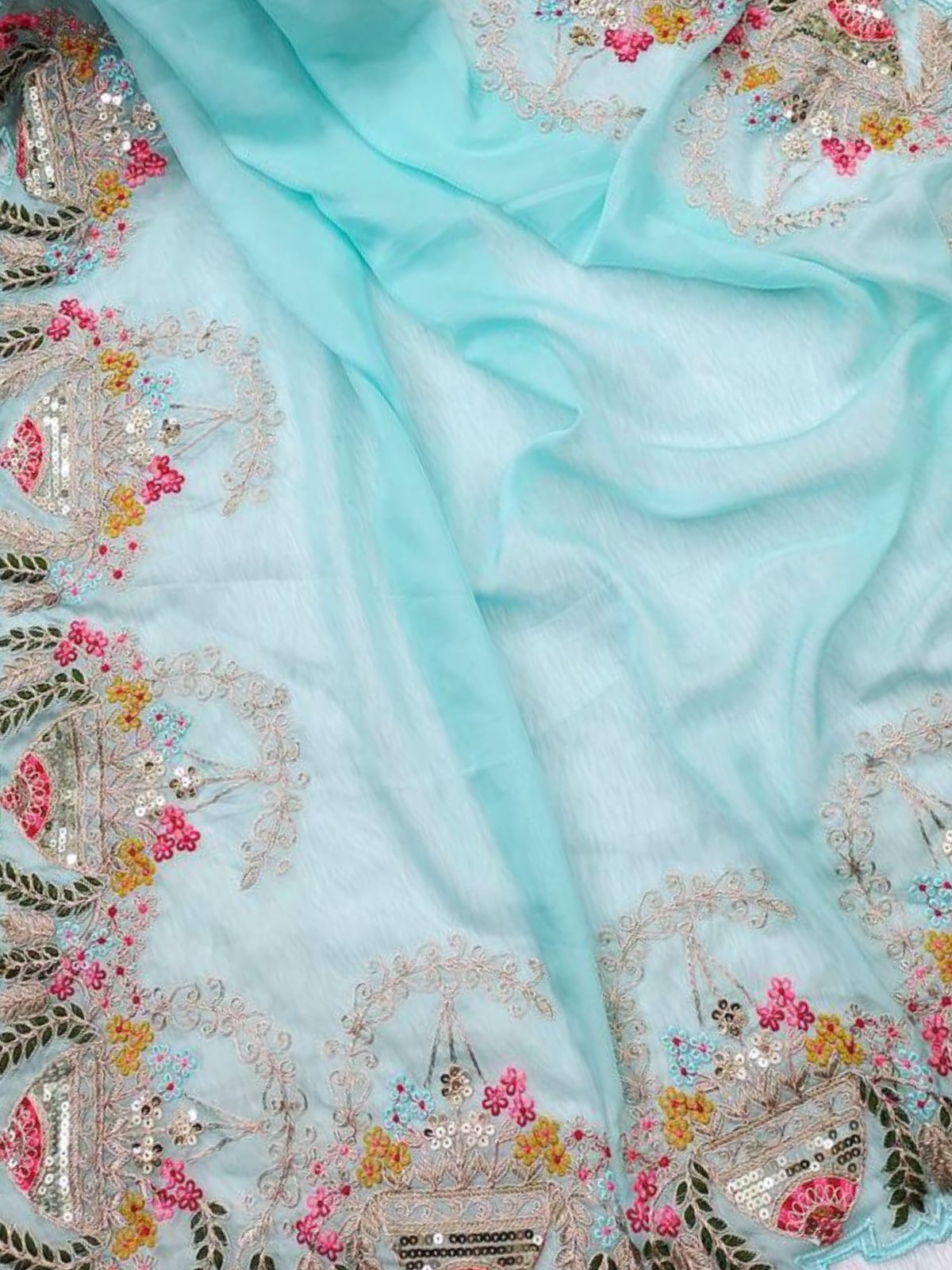 Odette Sky Blue Embroidered Organza Saree With Unstitched Blouse For Women