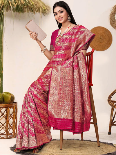 Odette Pink Woven Banarasi Silk Saree With Unstitched Blouse For Women