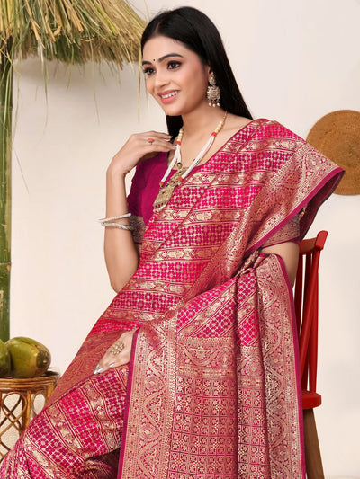 Odette Pink Woven Banarasi Silk Saree With Unstitched Blouse For Women