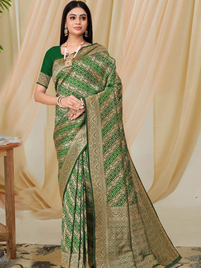 Odette Green Woven Banarasi Silk Saree With Unstitched Blouse For Women