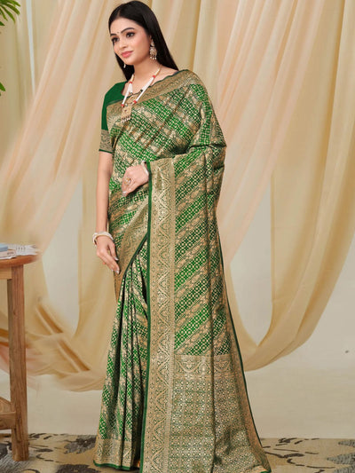 Odette Green Woven Banarasi Silk Saree With Unstitched Blouse For Women