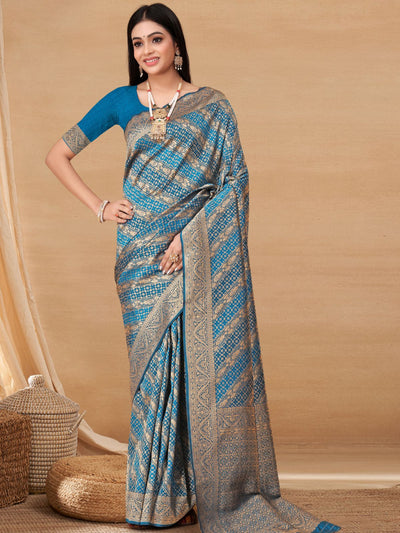 Odette Blue Woven Banarasi Silk Saree With unstitched Blouse For Women