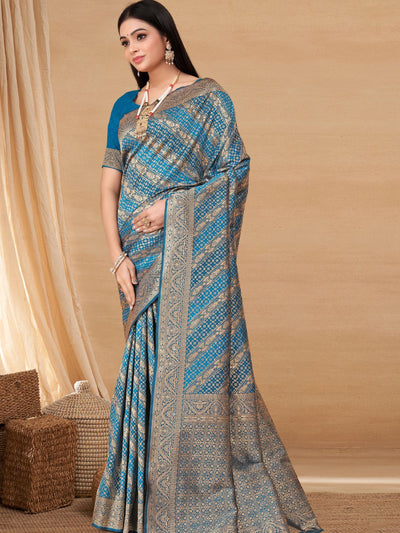 Odette Blue Woven Banarasi Silk Saree With unstitched Blouse For Women