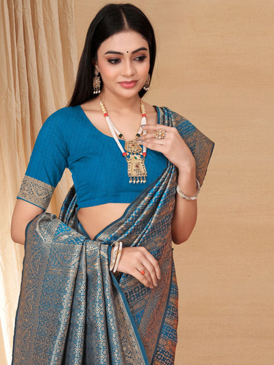 Odette Blue Woven Banarasi Silk Saree With unstitched Blouse For Women