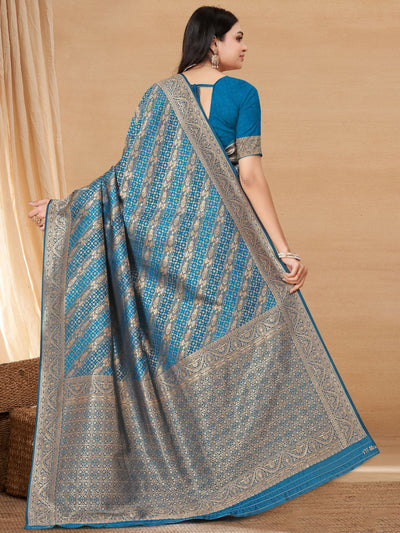 Odette Blue Woven Banarasi Silk Saree With unstitched Blouse For Women