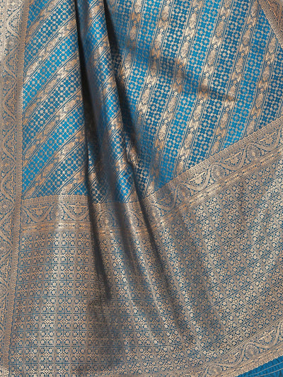 Odette Blue Woven Banarasi Silk Saree With unstitched Blouse For Women