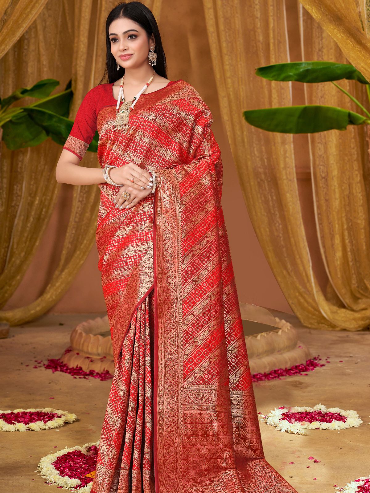 Odette Red Woven Banarasi Silk Saree With unstitched Blouse For Women