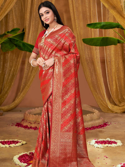 Odette Red Woven Banarasi Silk Saree With unstitched Blouse For Women