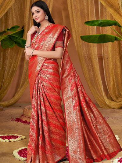 Odette Red Woven Banarasi Silk Saree With unstitched Blouse For Women