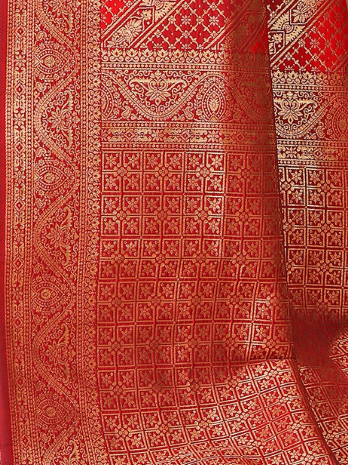 Odette Red Woven Banarasi Silk Saree With unstitched Blouse For Women