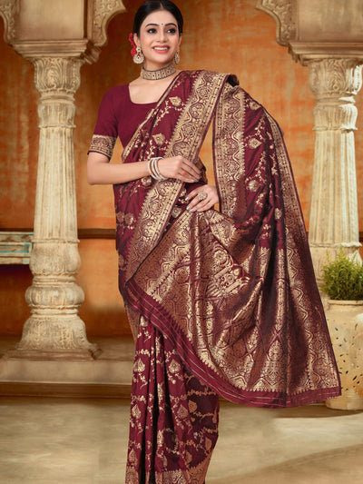 Odette Maroon Woven Banarasi Silk Saree With unstitched Blouse For Women