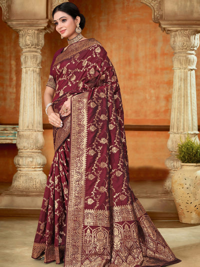 Odette Maroon Woven Banarasi Silk Saree With unstitched Blouse For Women