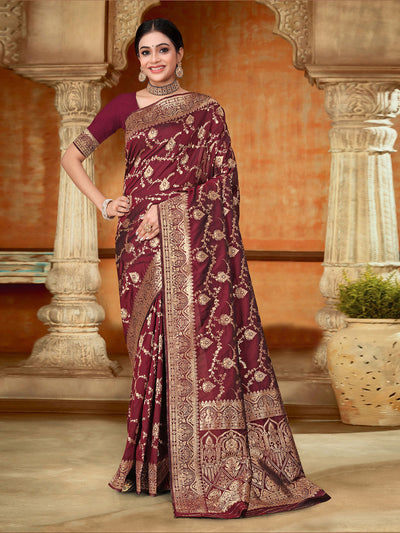 Odette Maroon Woven Banarasi Silk Saree With unstitched Blouse For Women