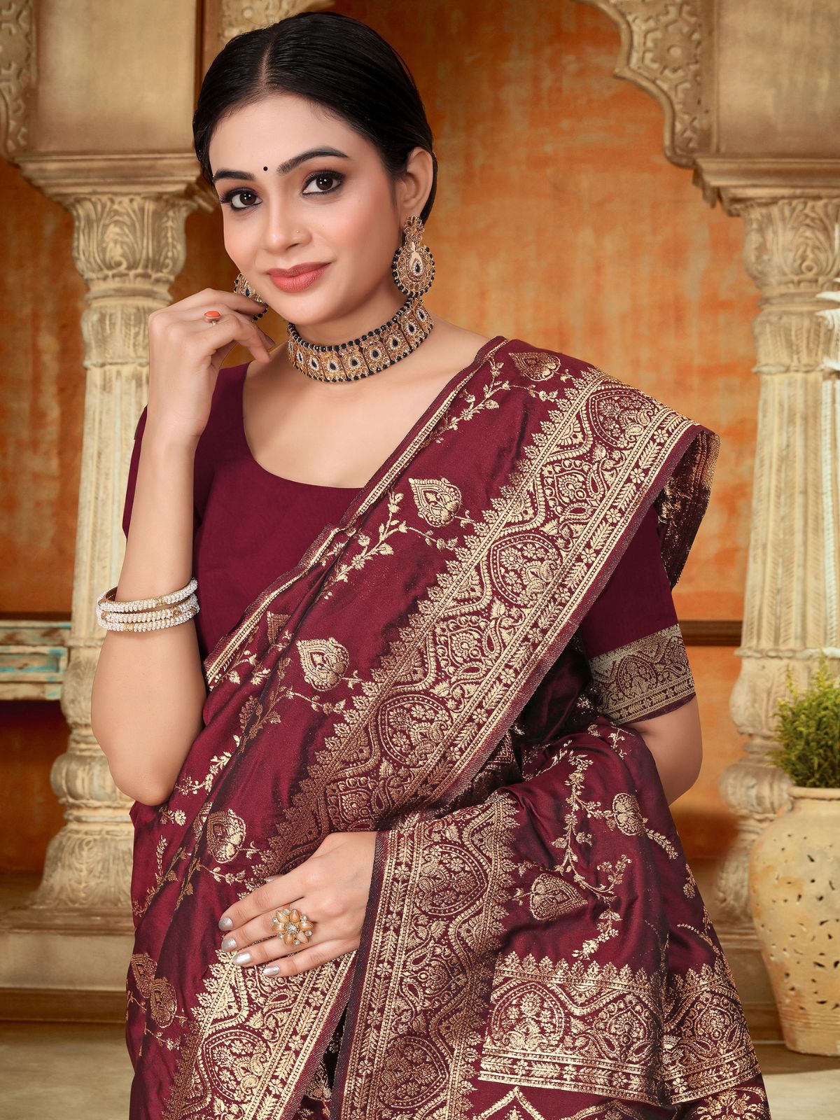 Odette Maroon Woven Banarasi Silk Saree With unstitched Blouse For Women