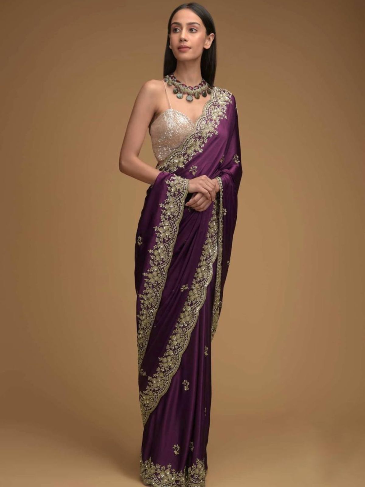 Odette Purple Embroidered Silk Blend Saree With Unstitched Blouse For Women