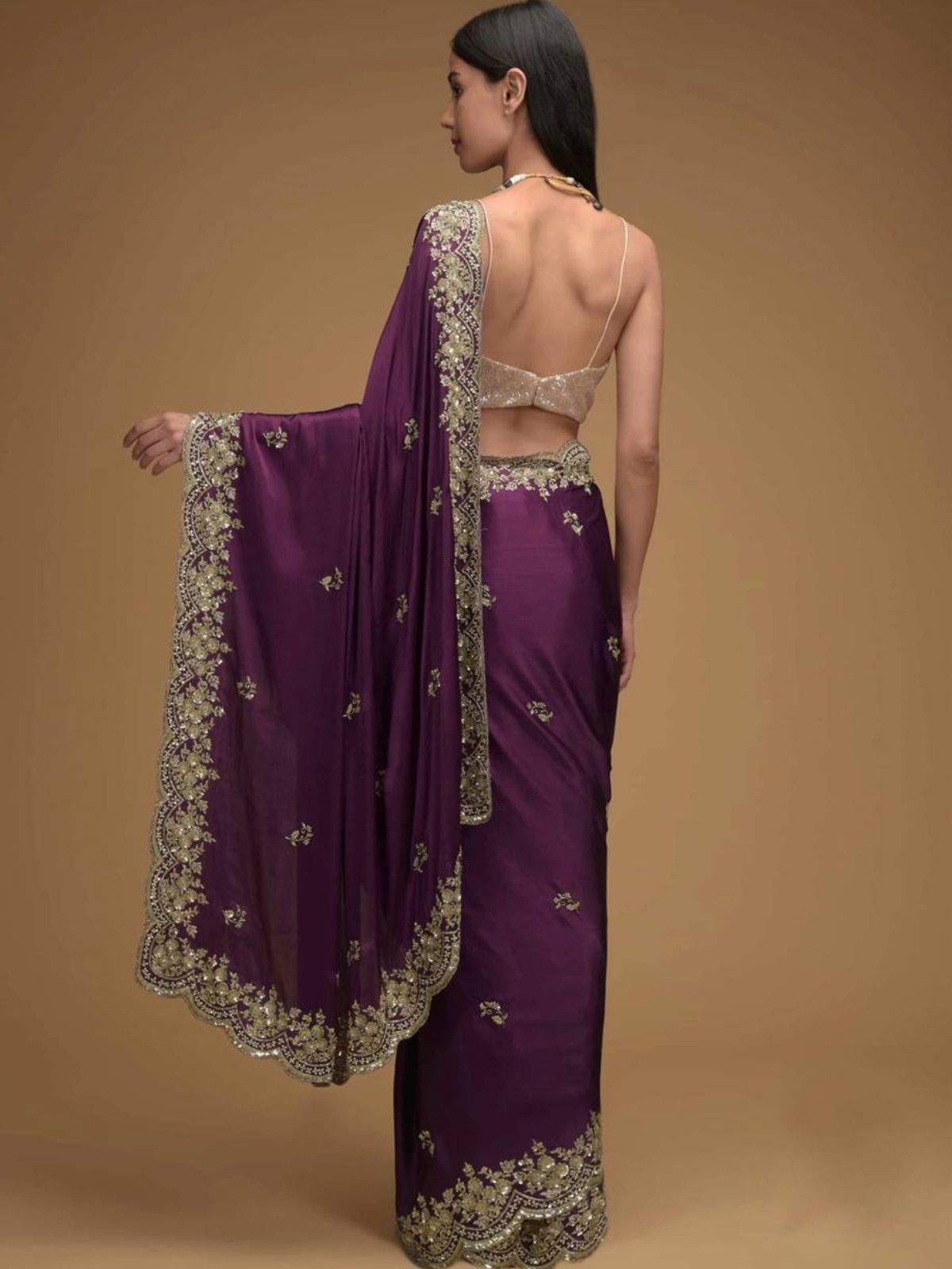 Odette Purple Embroidered Silk Blend Saree With Unstitched Blouse For Women